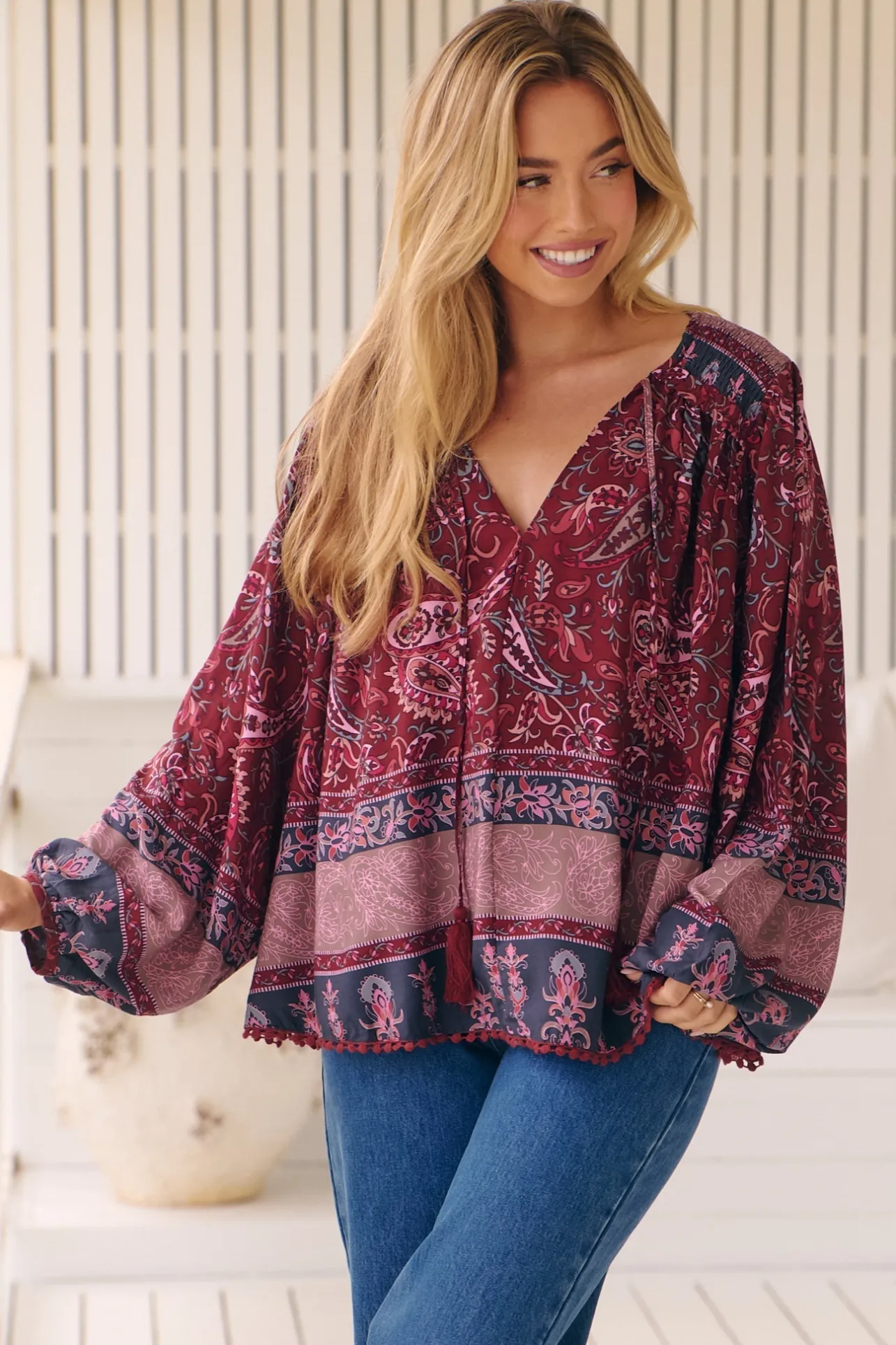 Rue Top - V Neck Smock Top with Crochet Trim in Sadie Print>Jaase New