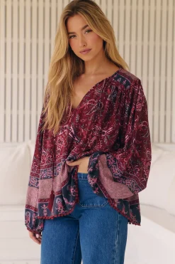 Rue Top - V Neck Smock Top with Crochet Trim in Sadie Print><noscript><img width=