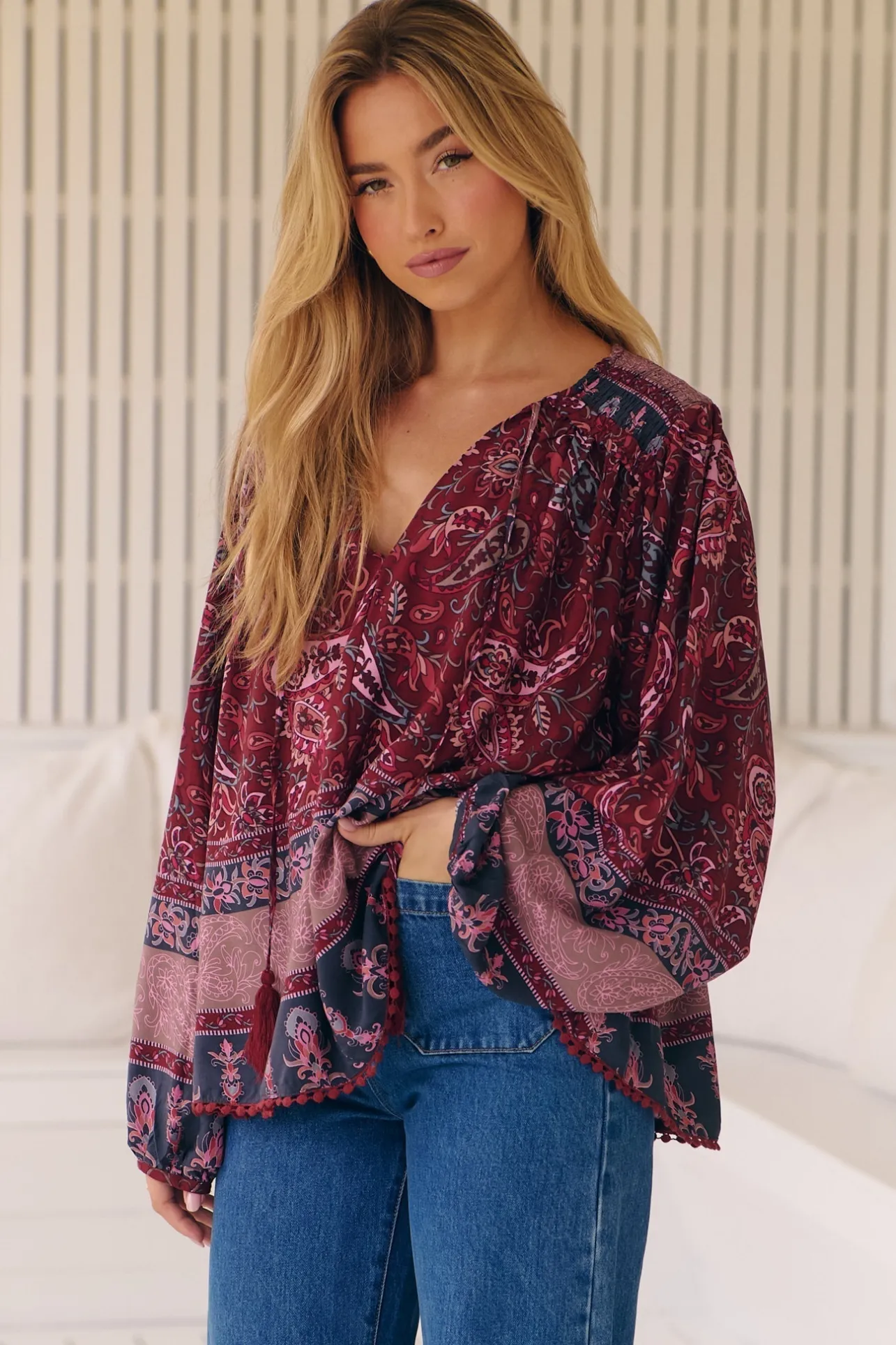 Rue Top - V Neck Smock Top with Crochet Trim in Sadie Print>Jaase New