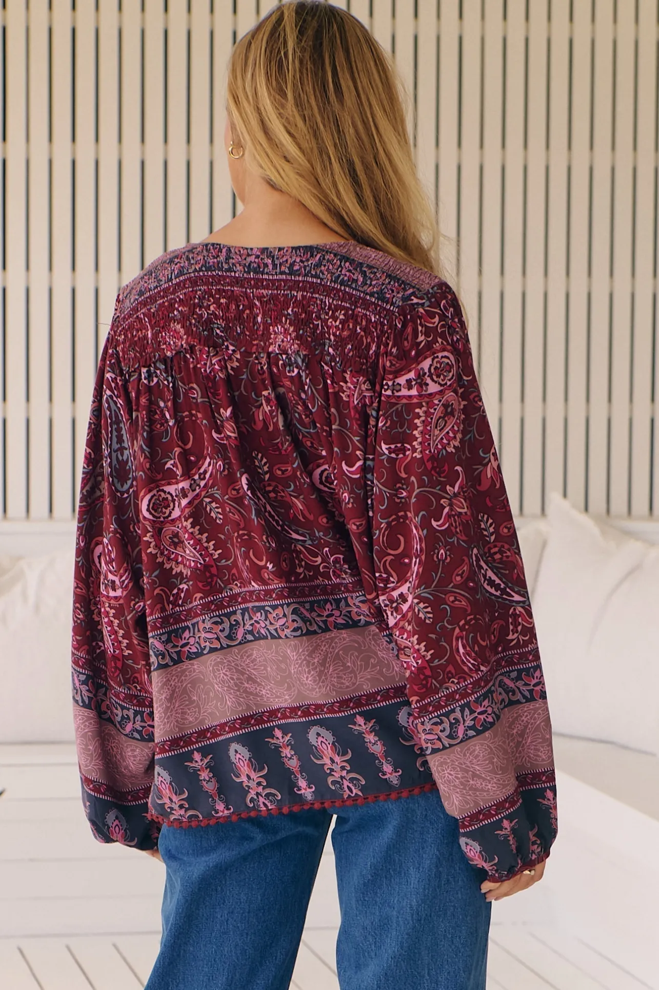Rue Top - V Neck Smock Top with Crochet Trim in Sadie Print>Jaase New