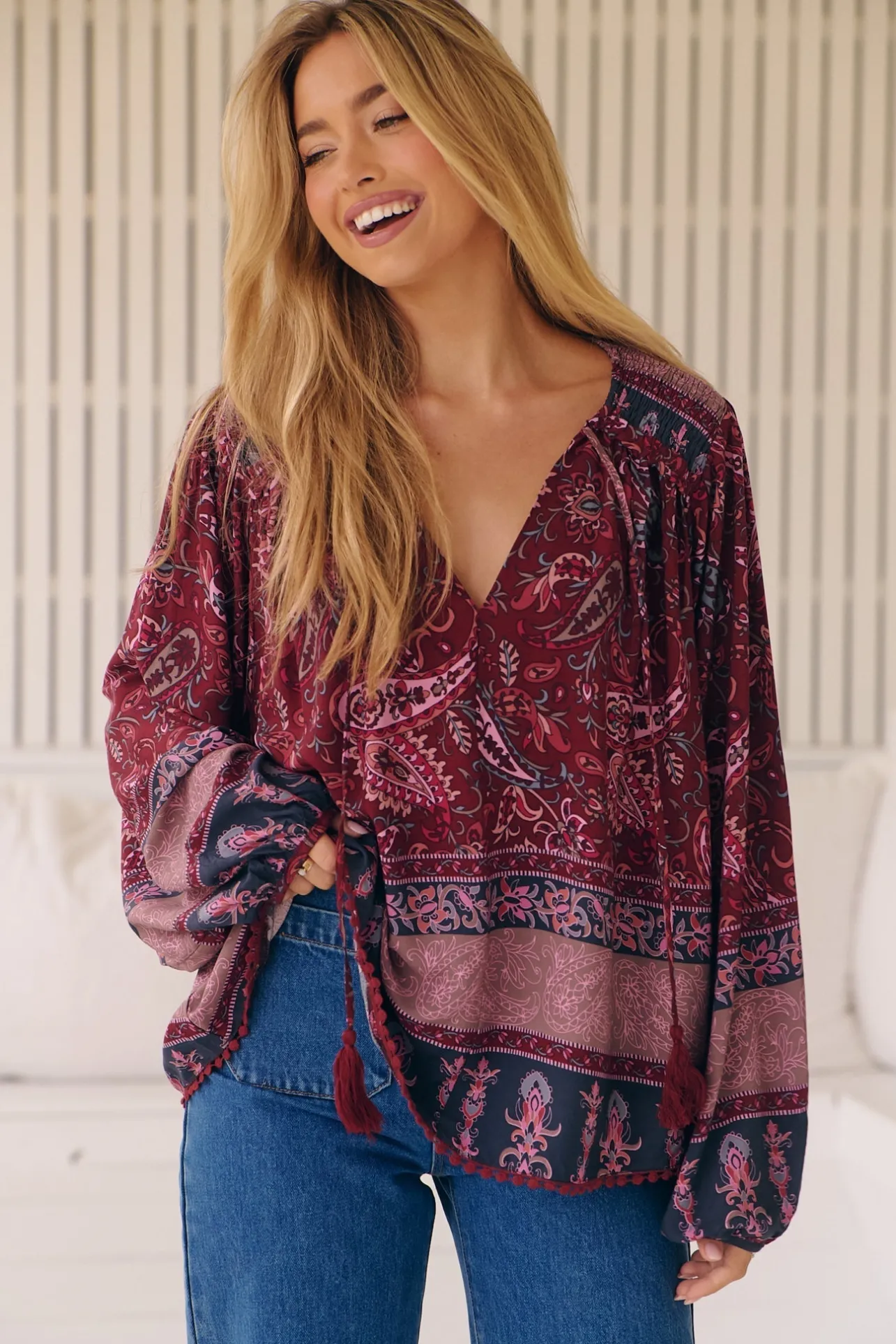 Rue Top - V Neck Smock Top with Crochet Trim in Sadie Print>Jaase New