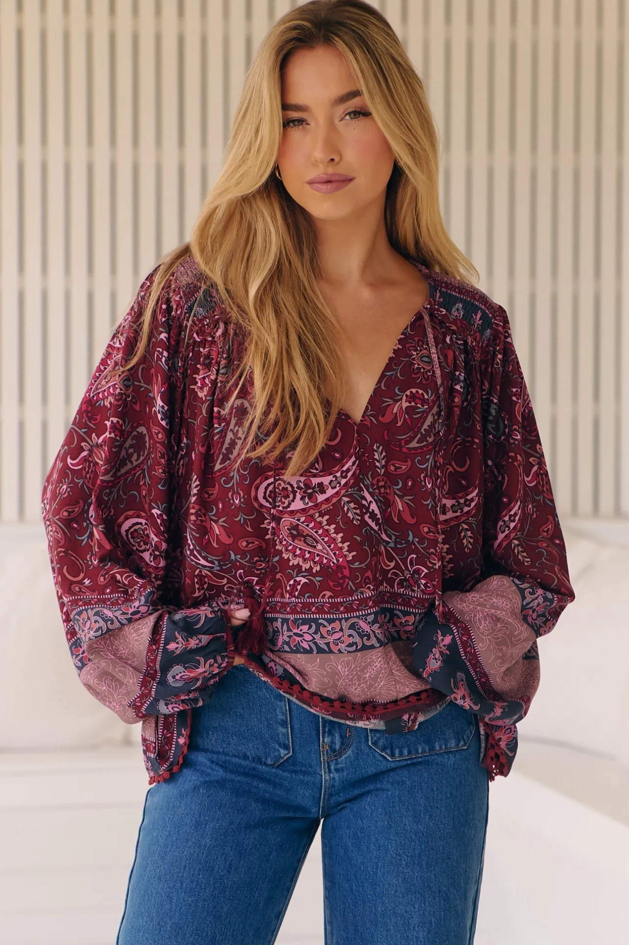 Rue Top - V Neck Smock Top with Crochet Trim in Sadie Print>Jaase New