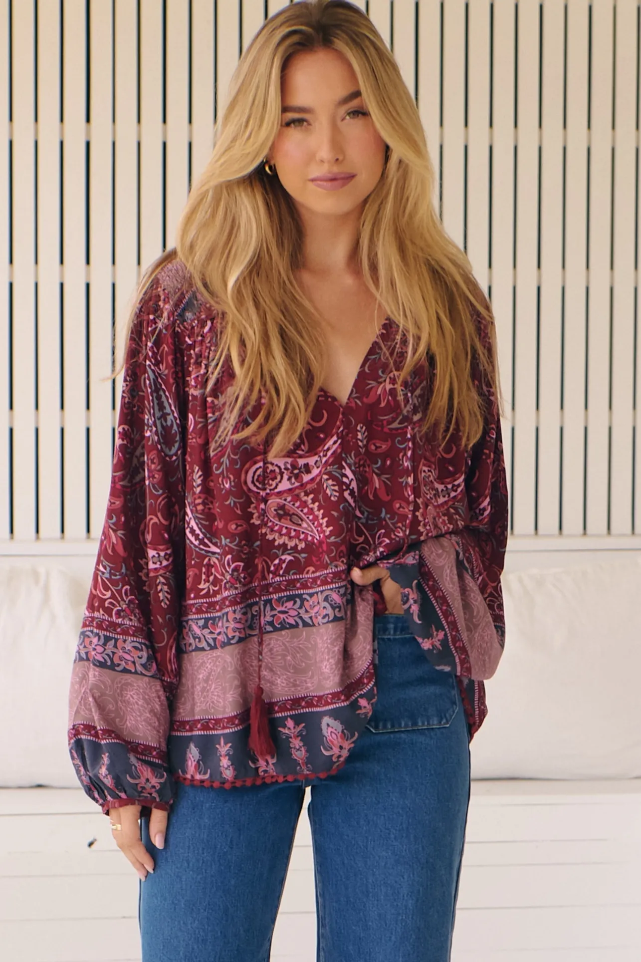 Rue Top - V Neck Smock Top with Crochet Trim in Sadie Print>Jaase New