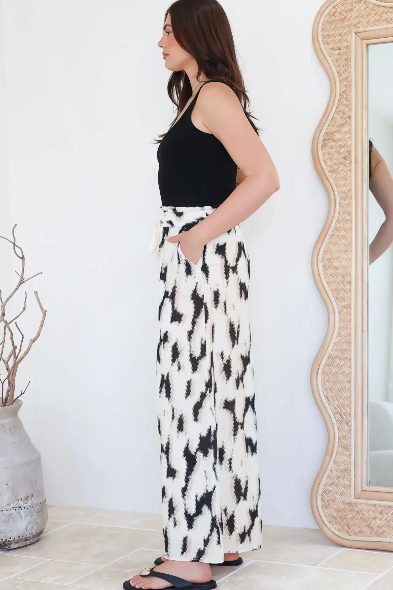 Rueben Pants - High Waisted Lined Wide Leg Pants with Pockets in Whisper Print>Salty Crush Discount