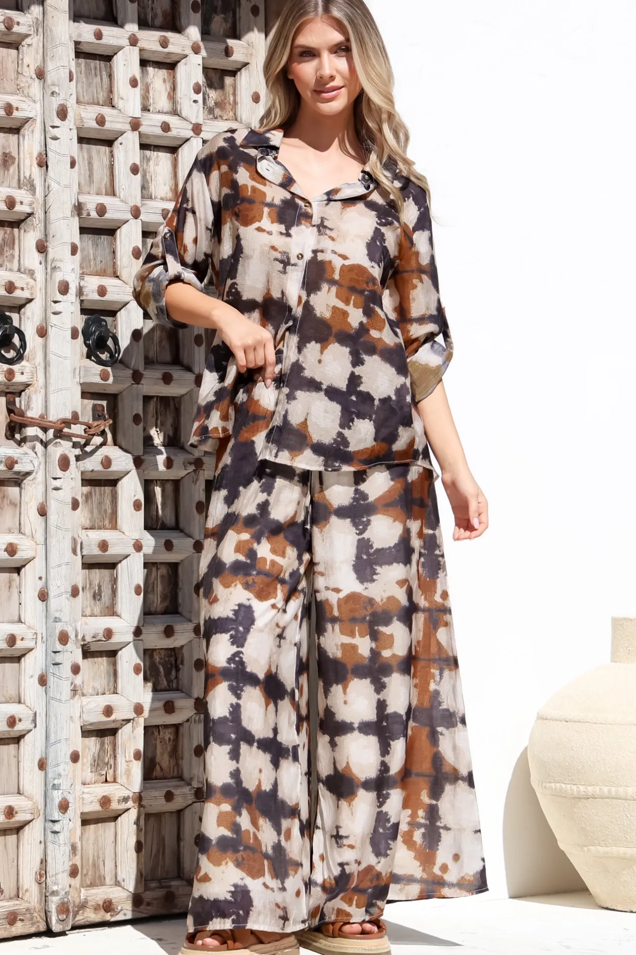 Rueben Pants - High Waisted Lined Wide Leg Pants with Pockets in Otis Print>Salty Crush Online