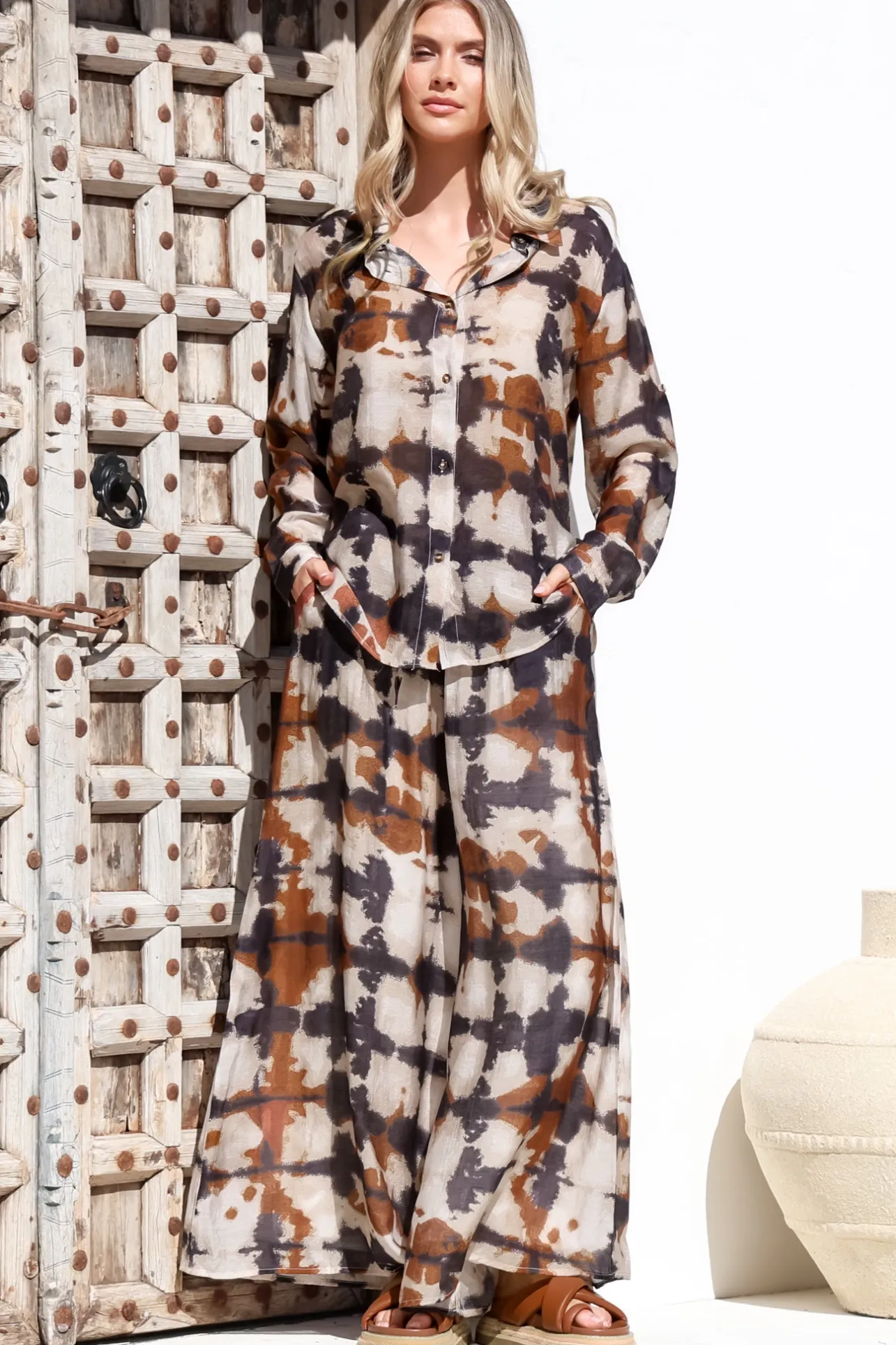 Rueben Pants - High Waisted Lined Wide Leg Pants with Pockets in Otis Print>Salty Crush Online