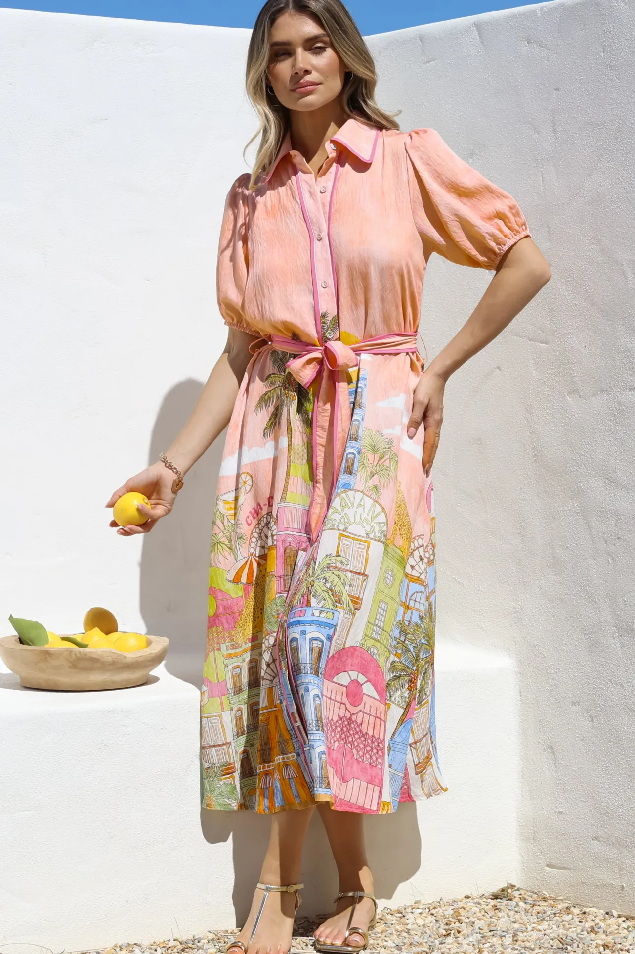 Ruva Midi Dress - Collared Shirt Dress with Short Balloon Sleeves in Tullia Print>Salty Crush Outlet