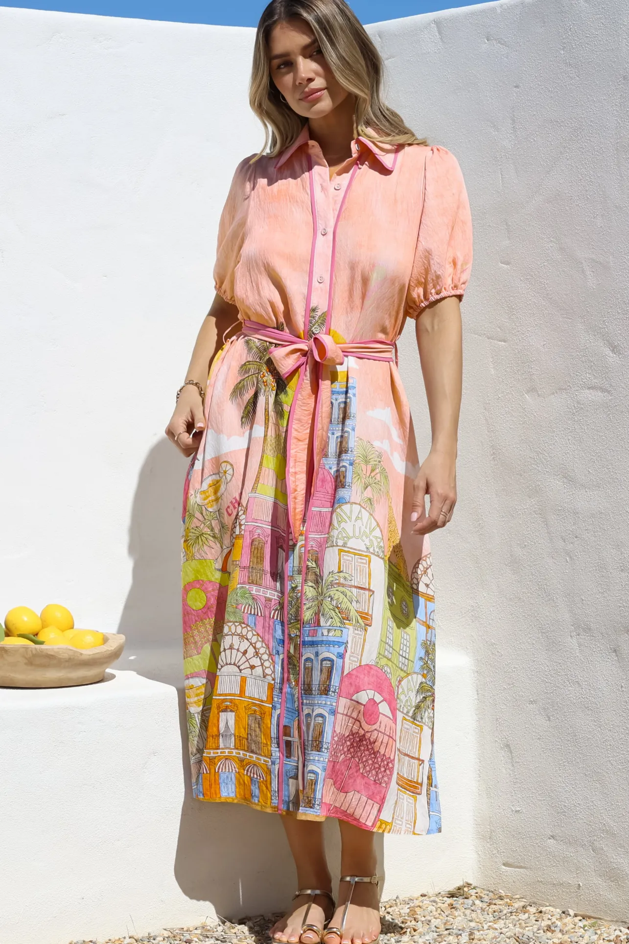 Ruva Midi Dress - Collared Shirt Dress with Short Balloon Sleeves in Tullia Print>Salty Crush Outlet