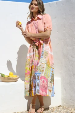 Ruva Midi Dress - Collared Shirt Dress with Short Balloon Sleeves in Tullia Print><noscript><img width=