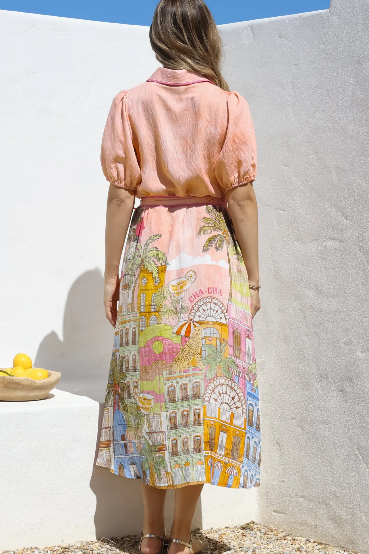 Ruva Midi Dress - Collared Shirt Dress with Short Balloon Sleeves in Tullia Print>Salty Crush Outlet