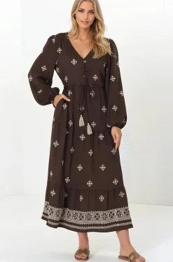 Rylie Maxi Dress - Embroidered Long Sleeve Dress with Pull Tie Waist in Vesper Print Brown><noscript><img width=
