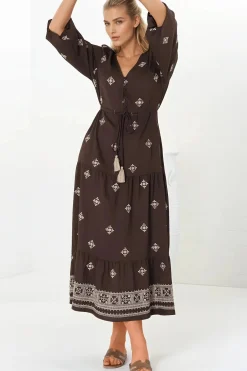 Rylie Maxi Dress - Embroidered Long Sleeve Dress with Pull Tie Waist in Vesper Print Brown><noscript><img width=