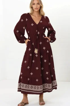 Rylie Maxi Dress - Embroidered Long Sleeve Dress with Pull Tie Waist in Vesper Print Wine><noscript><img width=