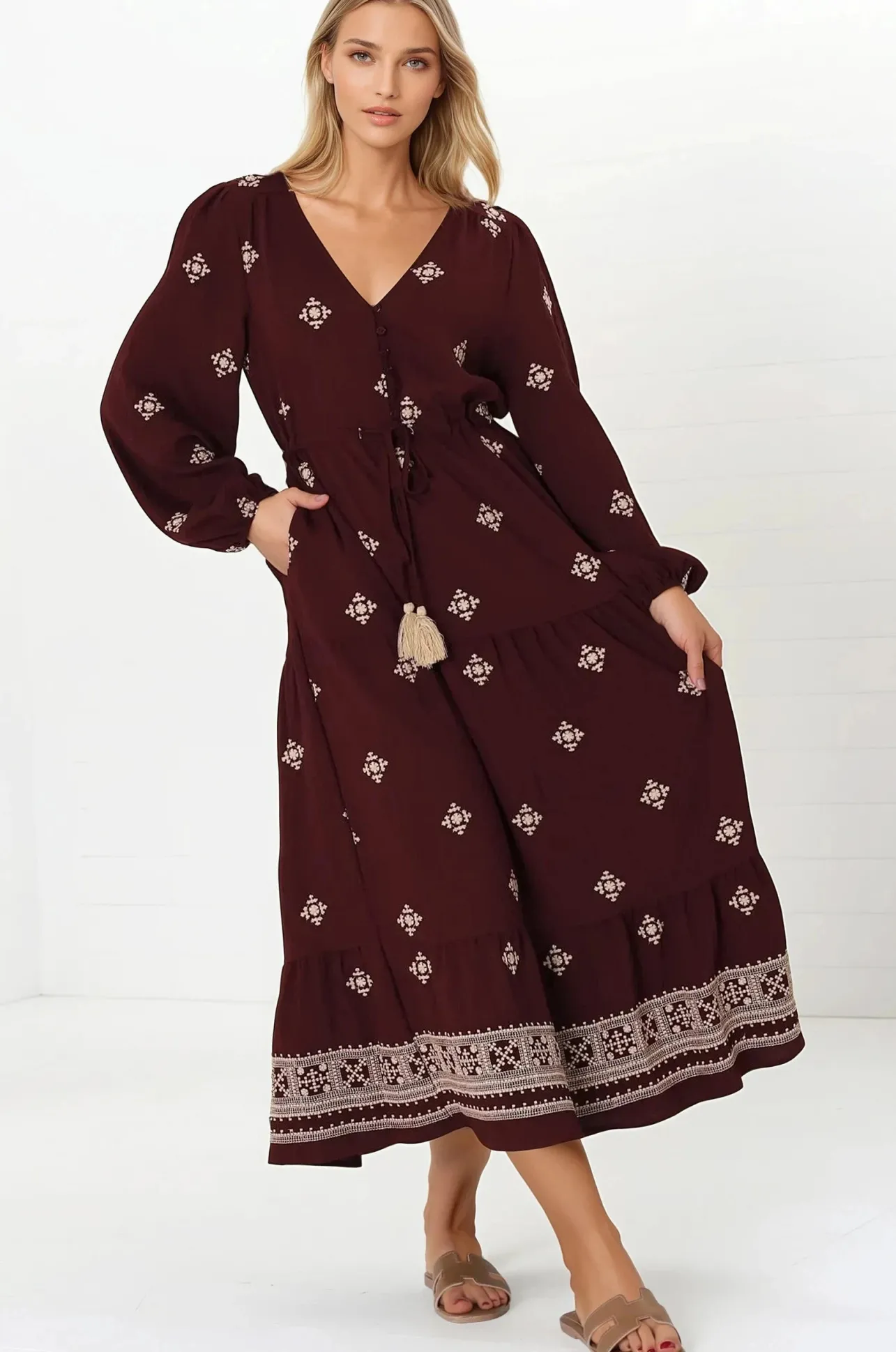 Rylie Maxi Dress - Embroidered Long Sleeve Dress with Pull Tie Waist in Vesper Print Wine>Salty Crush Hot