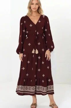 Rylie Maxi Dress - Embroidered Long Sleeve Dress with Pull Tie Waist in Vesper Print Wine><noscript><img width=
