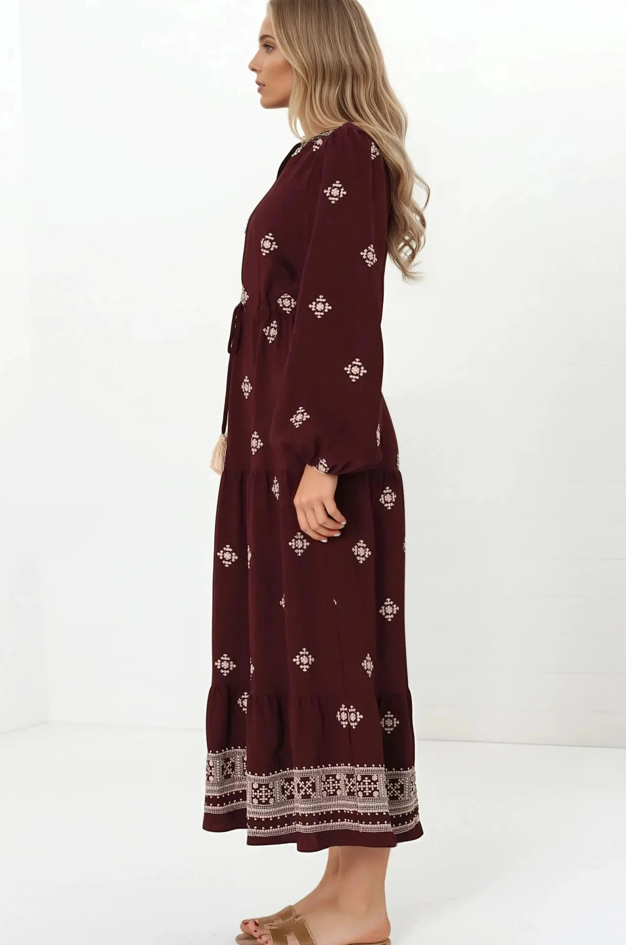 Rylie Maxi Dress - Embroidered Long Sleeve Dress with Pull Tie Waist in Vesper Print Wine>Salty Crush Hot