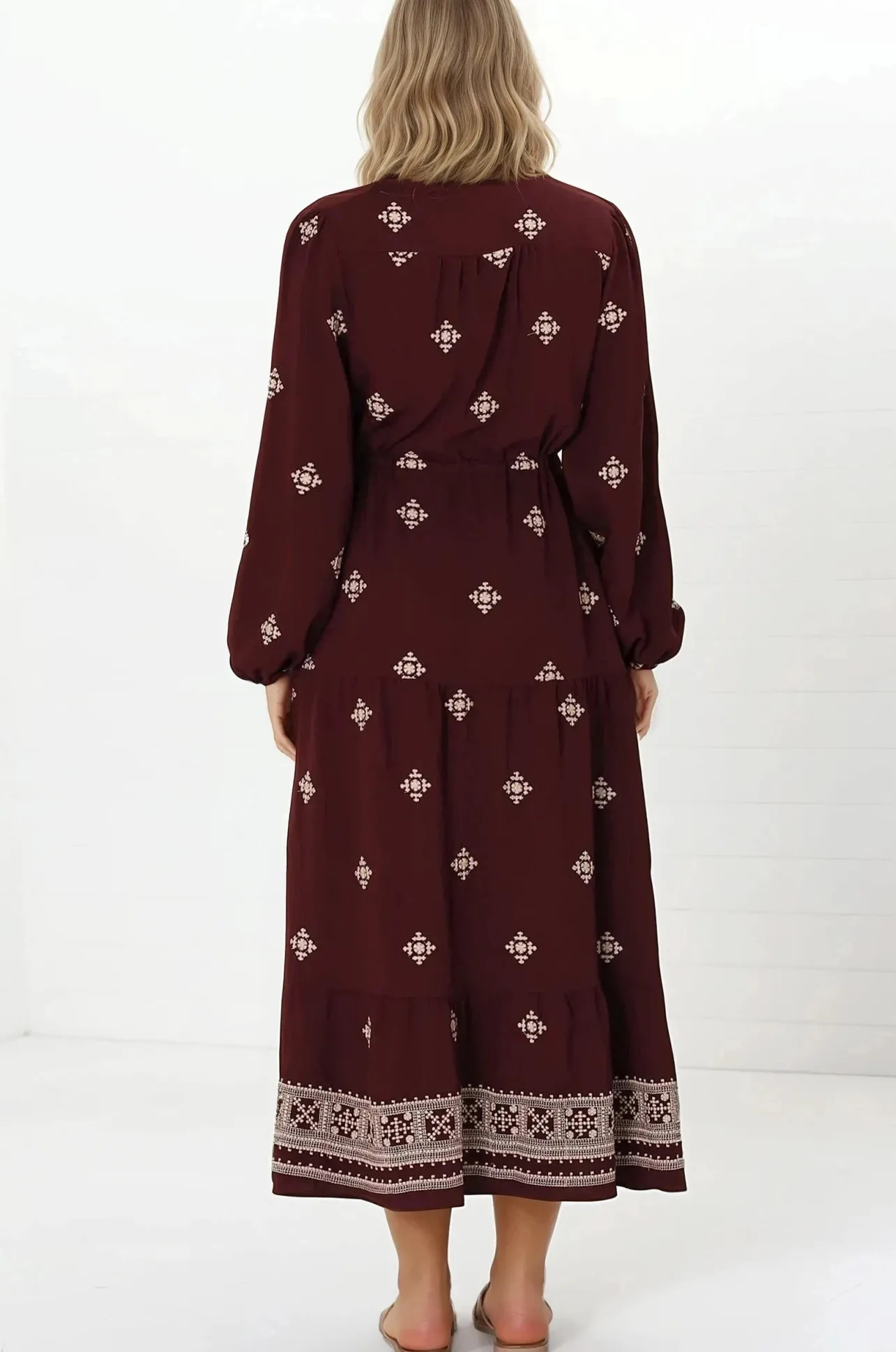 Rylie Maxi Dress - Embroidered Long Sleeve Dress with Pull Tie Waist in Vesper Print Wine>Salty Crush Hot