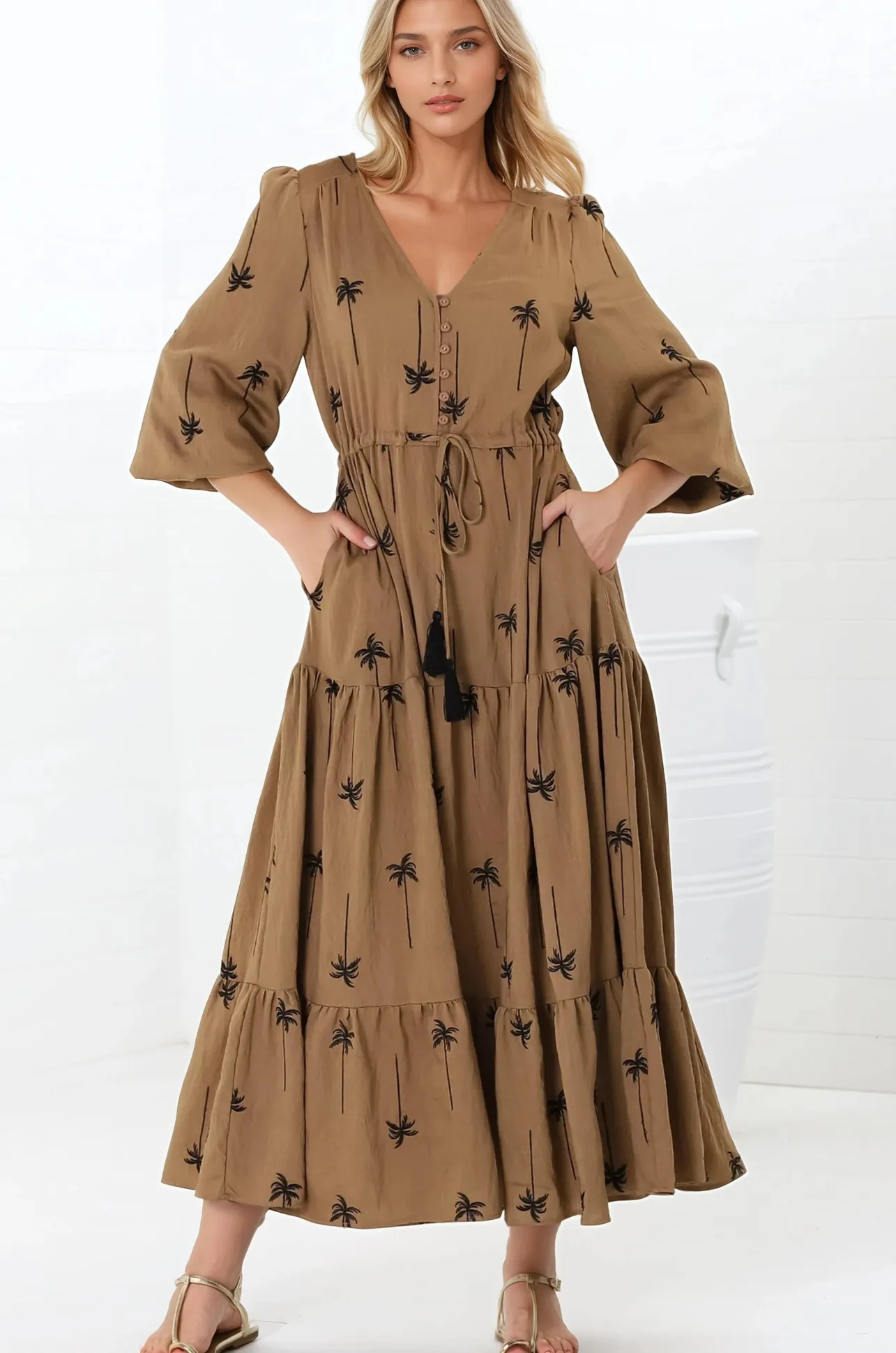 Rylie Maxi Dress - Embroidered Long Sleeve Dress with Pull Tie Waist in Palm Print Camel>Salty Crush New