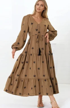 Rylie Maxi Dress - Embroidered Long Sleeve Dress with Pull Tie Waist in Palm Print Camel><noscript><img width=