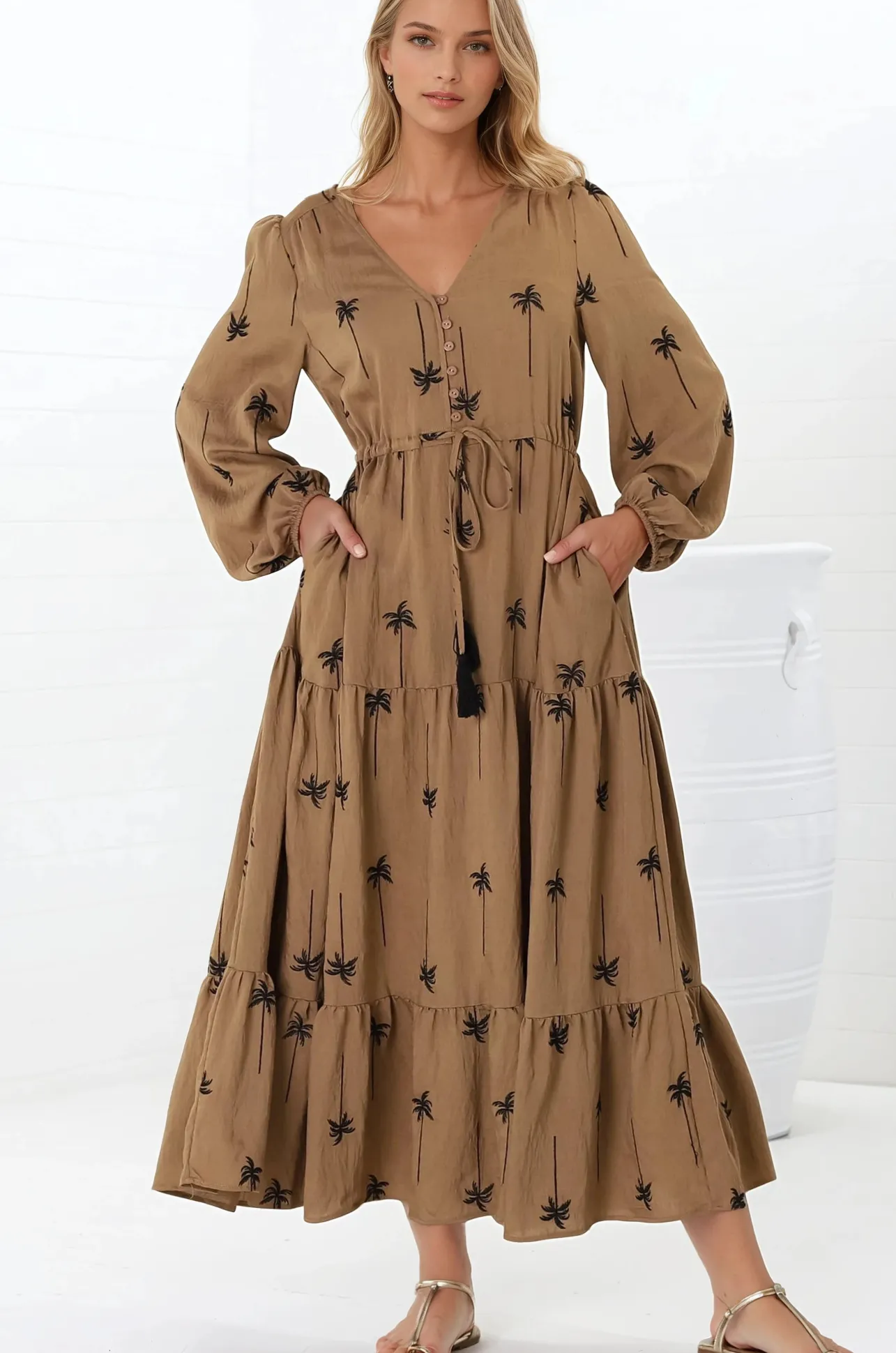Rylie Maxi Dress - Embroidered Long Sleeve Dress with Pull Tie Waist in Palm Print Camel>Salty Crush New