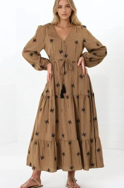 Rylie Maxi Dress - Embroidered Long Sleeve Dress with Pull Tie Waist in Palm Print Camel><noscript><img width=