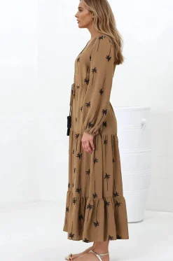 Rylie Maxi Dress - Embroidered Long Sleeve Dress with Pull Tie Waist in Palm Print Camel><noscript><img width=
