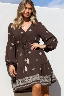 Rylie Mini Dress - Embroidered Long Sleeve Dress with Pull Tie Waist in Vesper Print Brown>Salty Crush Outlet