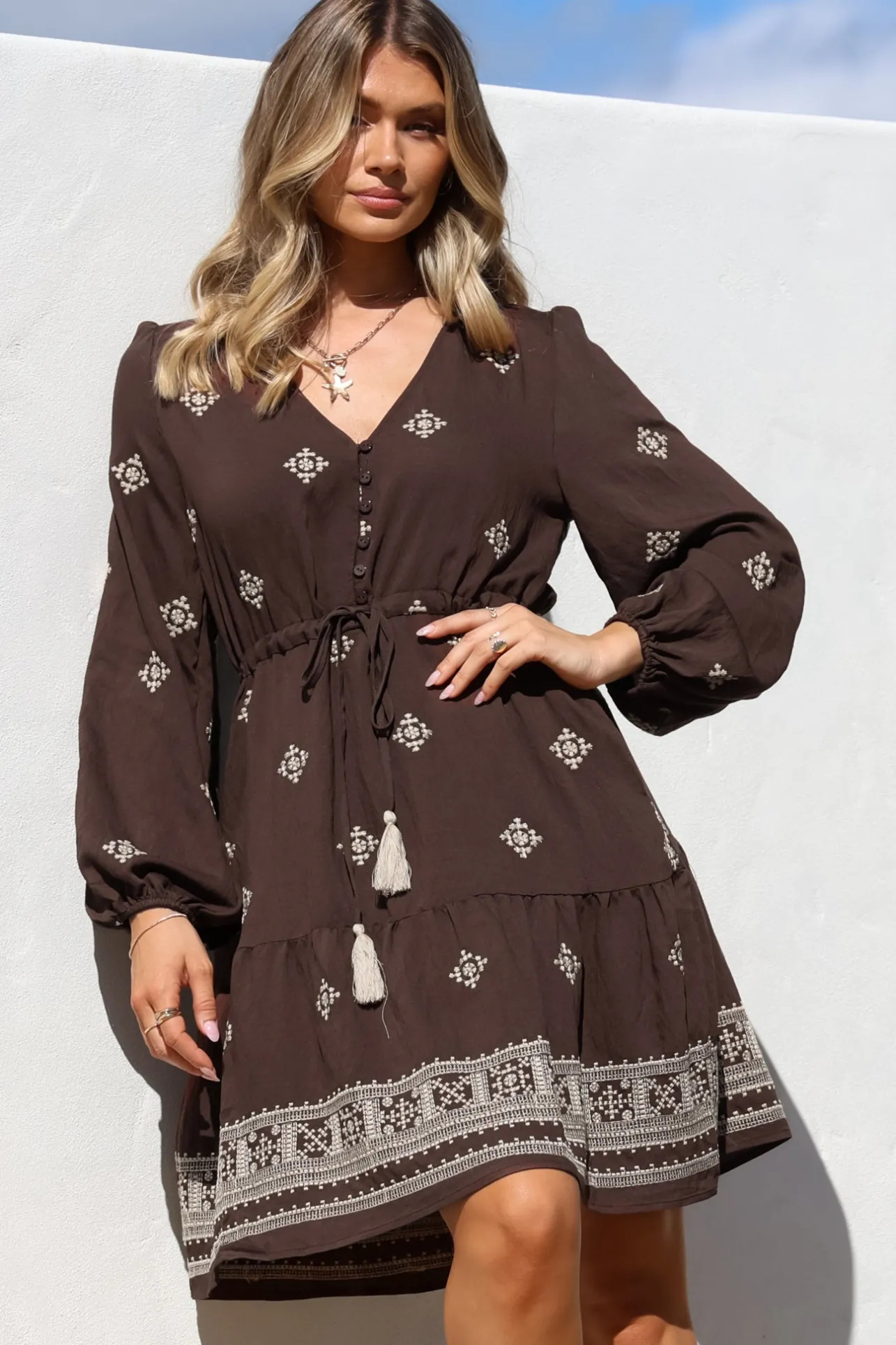 Rylie Mini Dress - Embroidered Long Sleeve Dress with Pull Tie Waist in Vesper Print Brown>Salty Crush Outlet