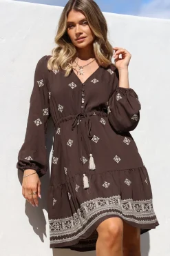 Rylie Mini Dress - Embroidered Long Sleeve Dress with Pull Tie Waist in Vesper Print Brown>Salty Crush Outlet