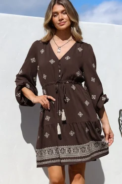 Rylie Mini Dress - Embroidered Long Sleeve Dress with Pull Tie Waist in Vesper Print Brown><noscript><img width=