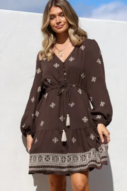 Rylie Mini Dress - Embroidered Long Sleeve Dress with Pull Tie Waist in Vesper Print Brown><noscript><img width=