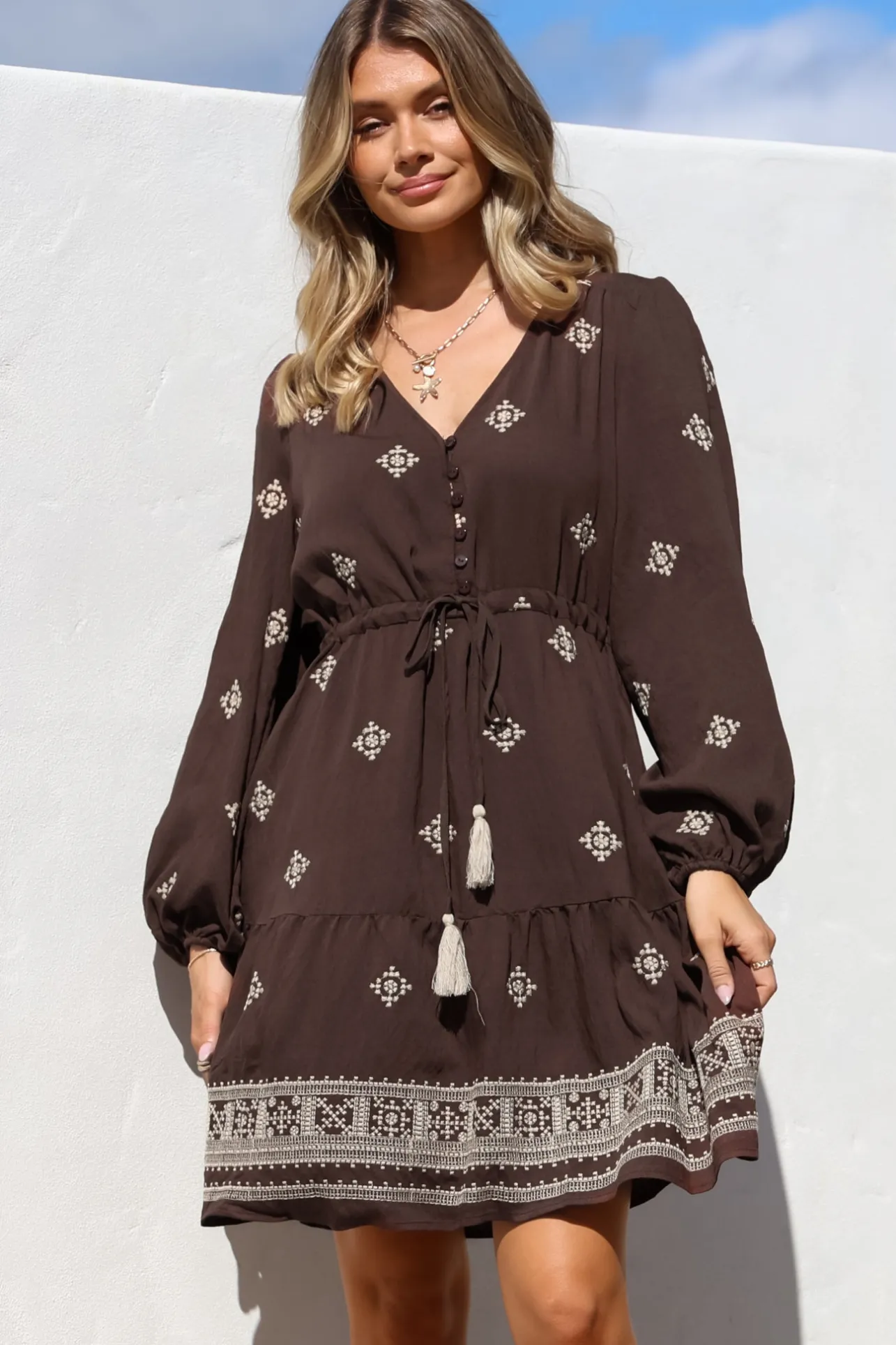 Rylie Mini Dress - Embroidered Long Sleeve Dress with Pull Tie Waist in Vesper Print Brown>Salty Crush Outlet
