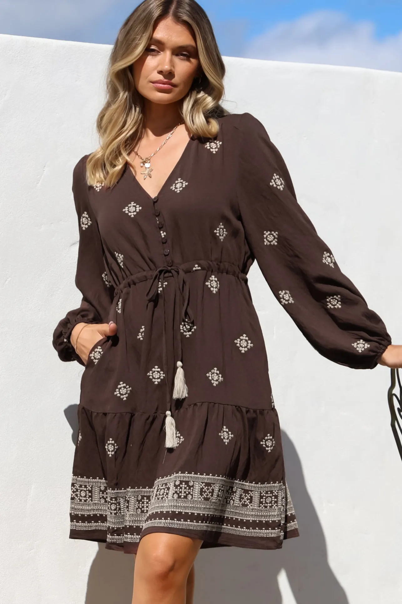 Rylie Mini Dress - Embroidered Long Sleeve Dress with Pull Tie Waist in Vesper Print Brown>Salty Crush Outlet