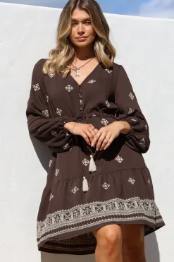 Rylie Mini Dress - Embroidered Long Sleeve Dress with Pull Tie Waist in Vesper Print Brown><noscript><img width=
