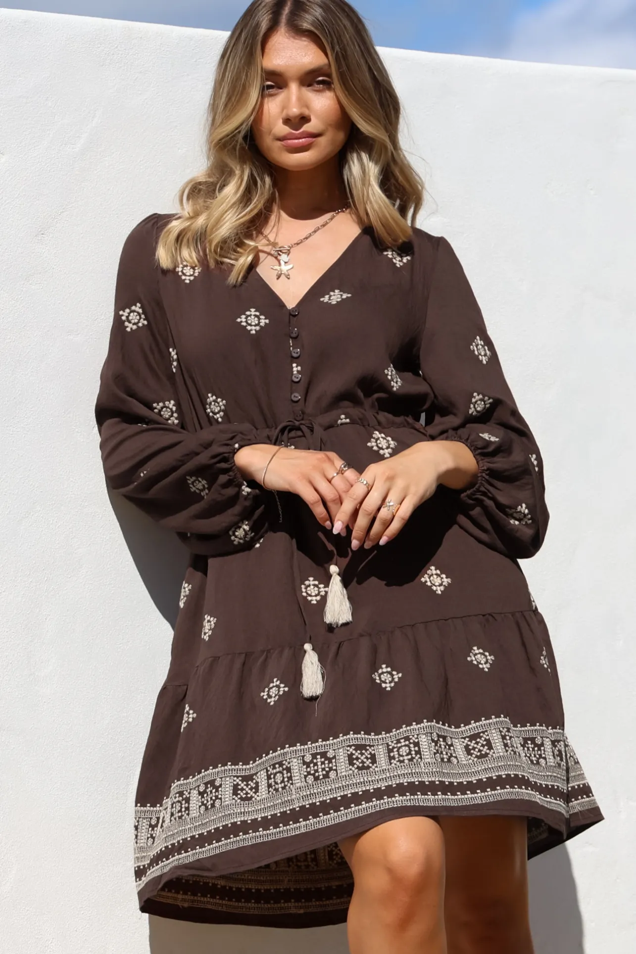 Rylie Mini Dress - Embroidered Long Sleeve Dress with Pull Tie Waist in Vesper Print Brown>Salty Crush Outlet