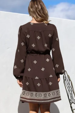 Rylie Mini Dress - Embroidered Long Sleeve Dress with Pull Tie Waist in Vesper Print Brown><noscript><img width=