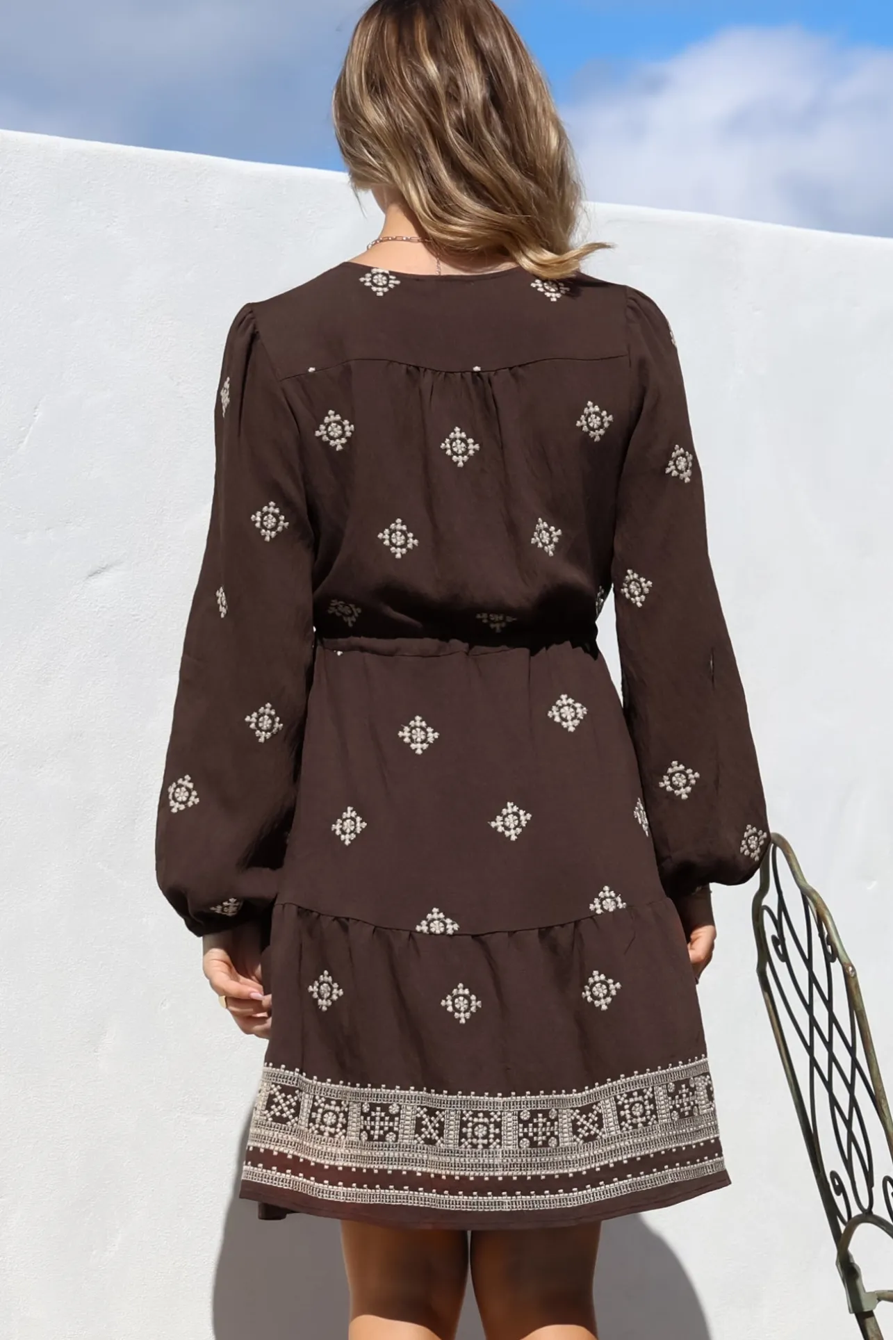 Rylie Mini Dress - Embroidered Long Sleeve Dress with Pull Tie Waist in Vesper Print Brown>Salty Crush Outlet