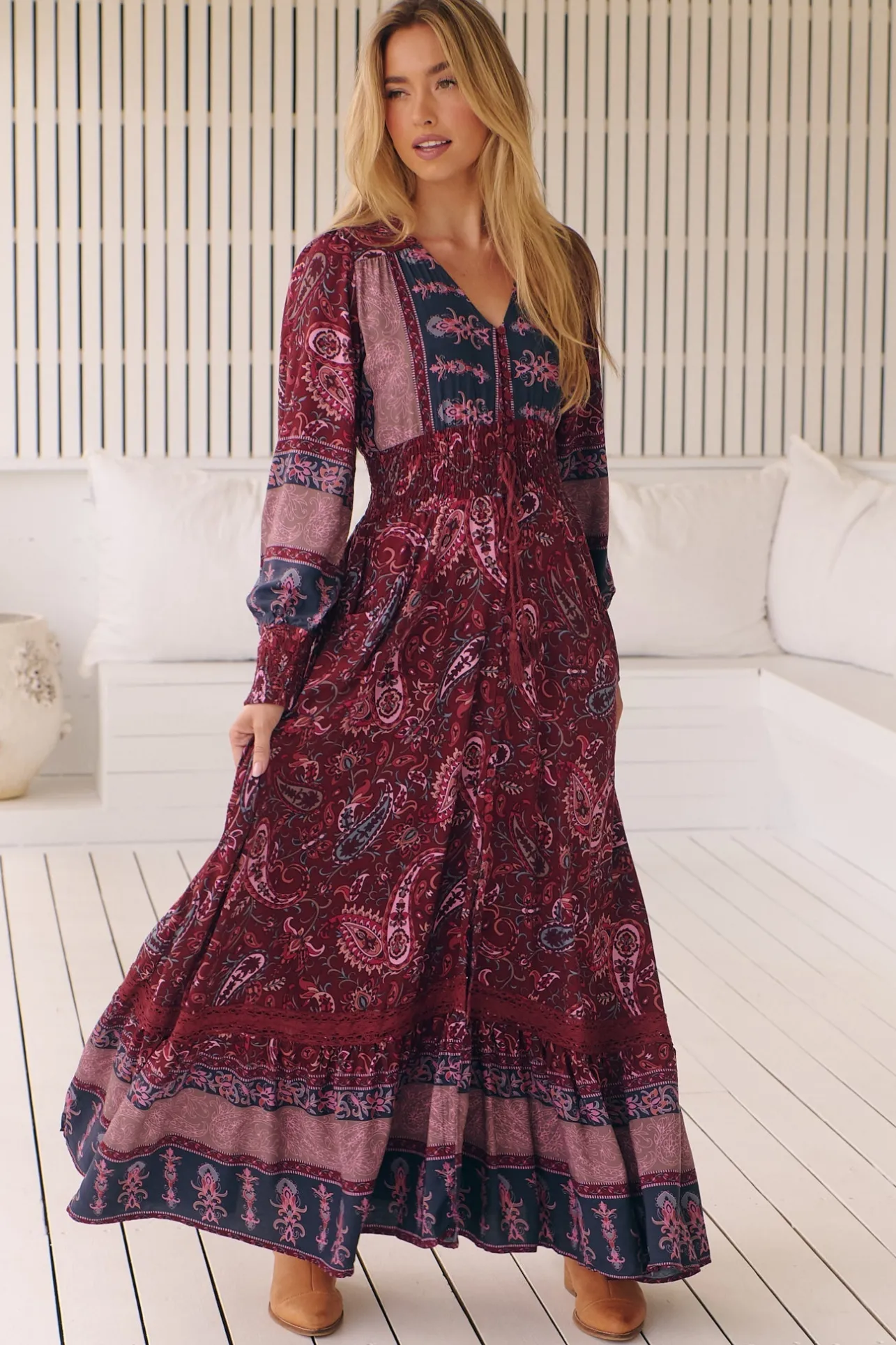 Sabrina Maxi Dress - A Line Button Through Dress with Long Sleeves in Sadie Print>Jaase Online