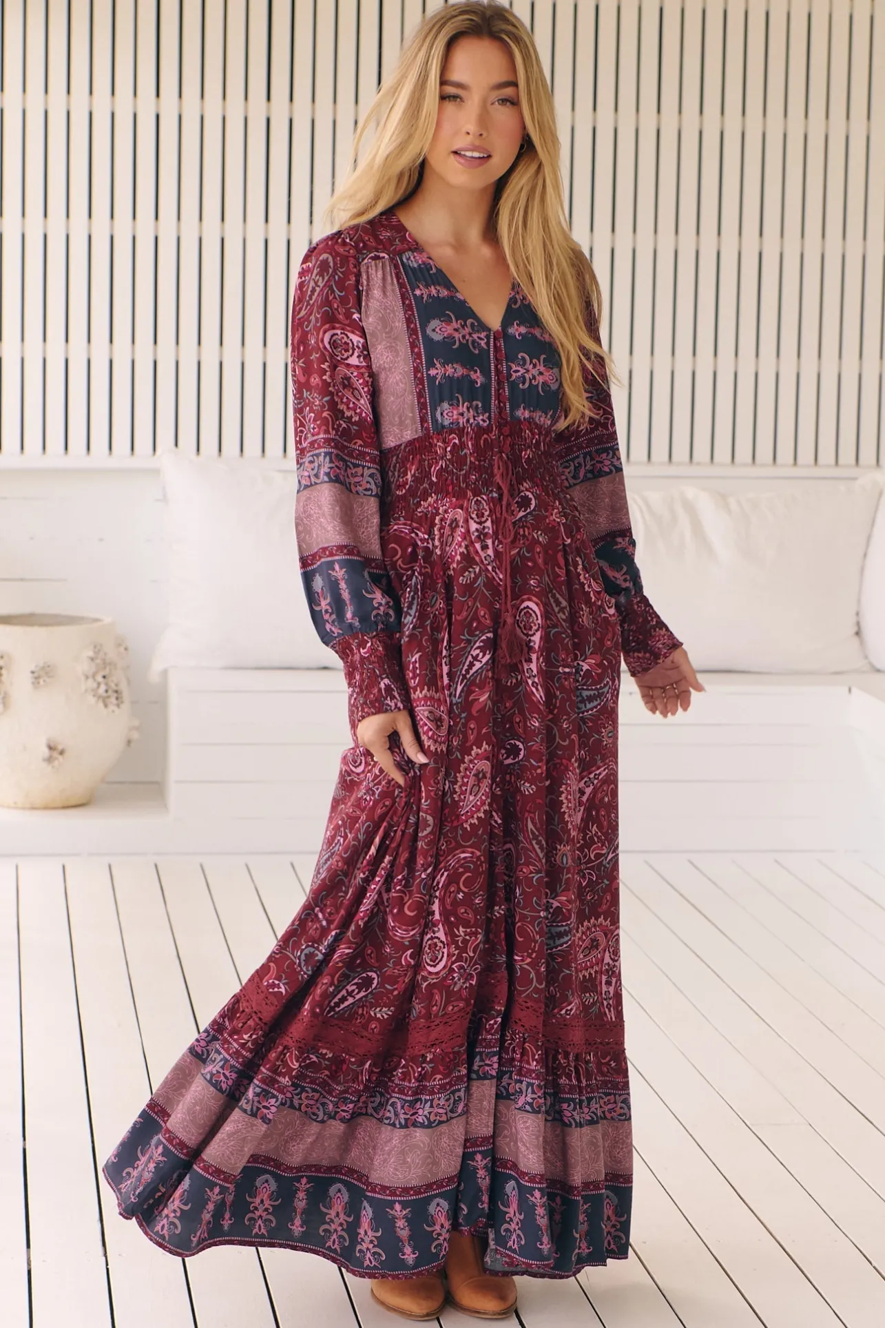 Sabrina Maxi Dress - A Line Button Through Dress with Long Sleeves in Sadie Print>Jaase Online