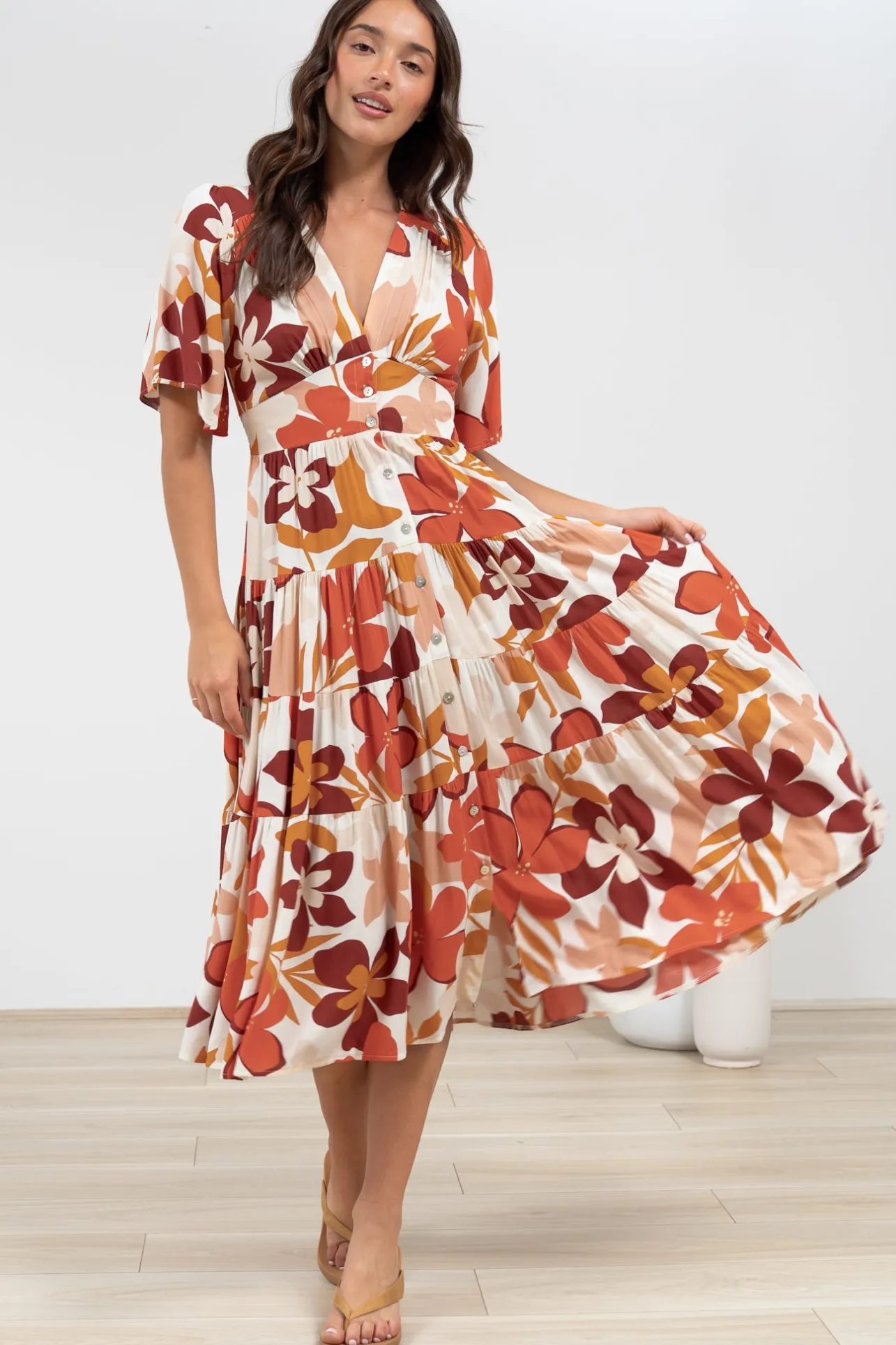 Sammy Midi Dress - V-Neck Buttoned Down with Bell Sleeves in Tangie Print>Salty Crush Sale