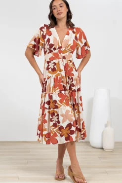 Sammy Midi Dress - V-Neck Buttoned Down with Bell Sleeves in Tangie Print>Salty Crush Sale