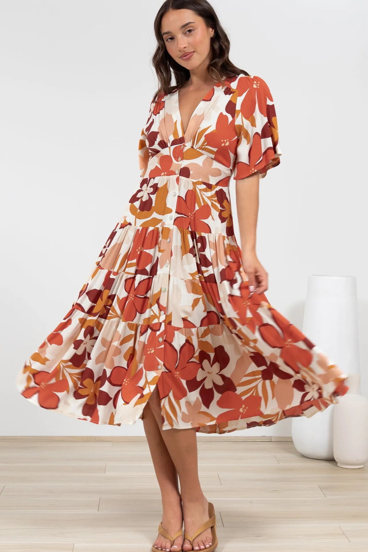 Sammy Midi Dress - V-Neck Buttoned Down with Bell Sleeves in Tangie Print>Salty Crush Sale