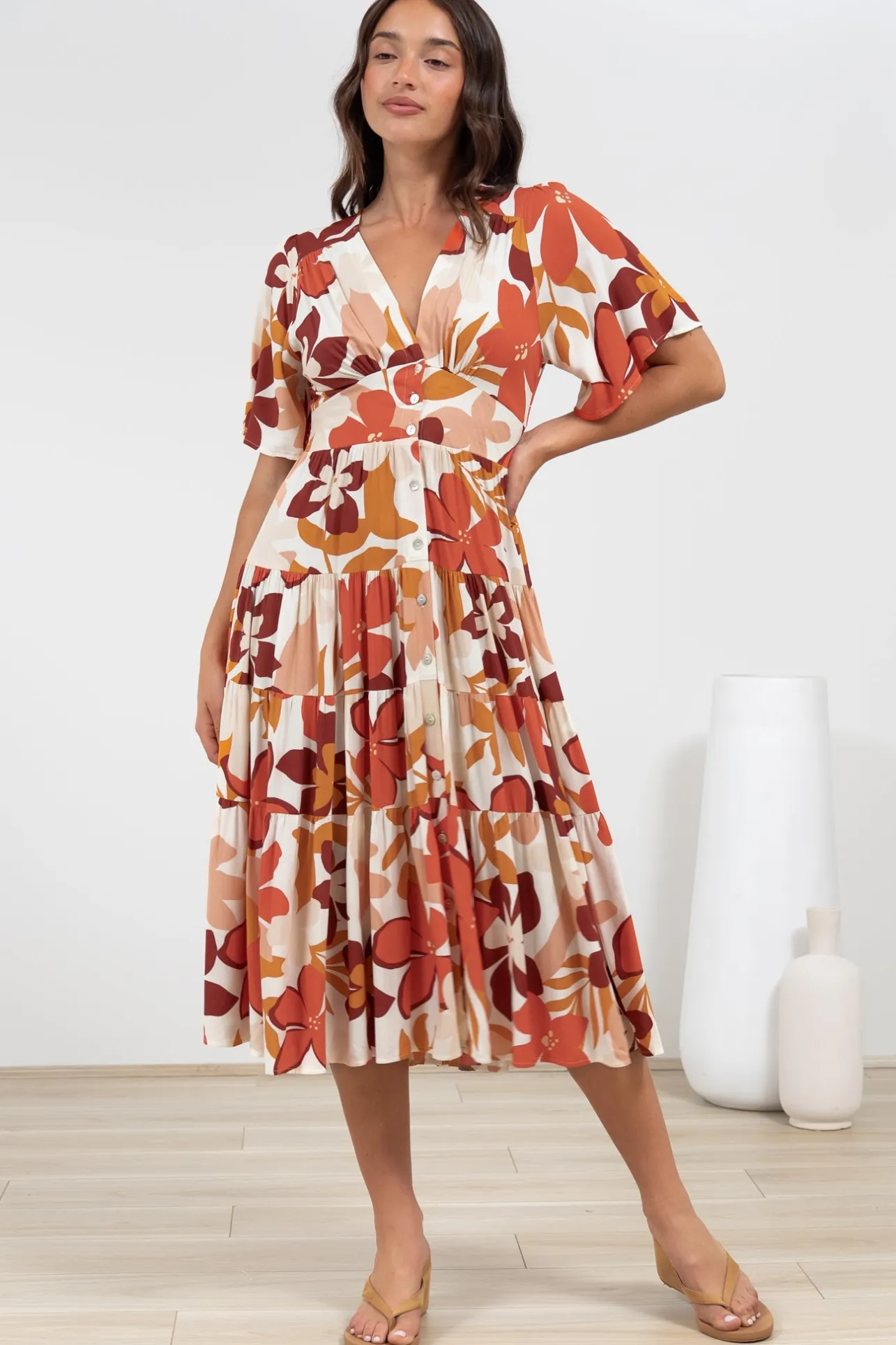 Sammy Midi Dress - V-Neck Buttoned Down with Bell Sleeves in Tangie Print>Salty Crush Sale