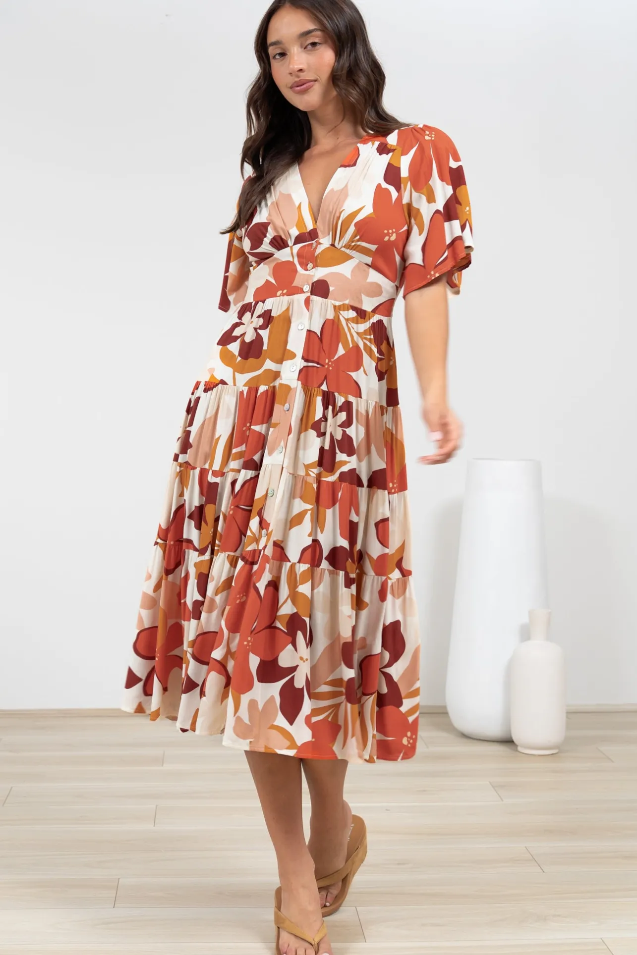 Sammy Midi Dress - V-Neck Buttoned Down with Bell Sleeves in Tangie Print>Salty Crush Sale