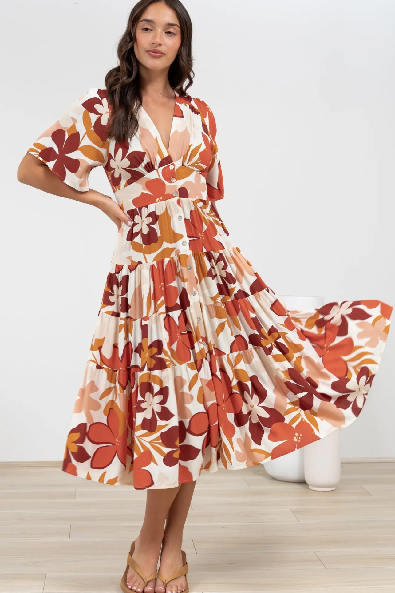 Sammy Midi Dress - V-Neck Buttoned Down with Bell Sleeves in Tangie Print>Salty Crush Sale