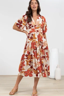 Sammy Midi Dress - V-Neck Buttoned Down with Bell Sleeves in Tangie Print><noscript><img width=