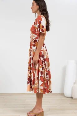 Sammy Midi Dress - V-Neck Buttoned Down with Bell Sleeves in Tangie Print><noscript><img width=