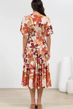 Sammy Midi Dress - V-Neck Buttoned Down with Bell Sleeves in Tangie Print><noscript><img width=