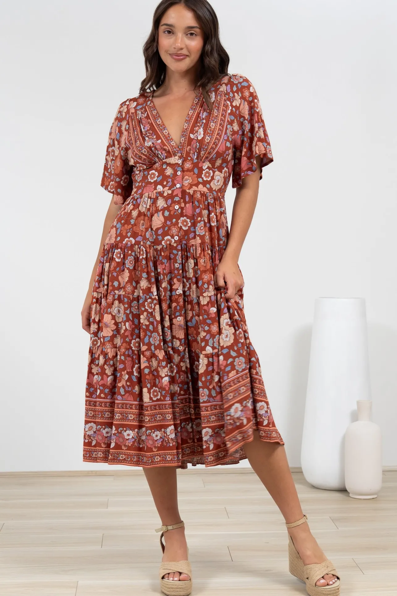 Sammy Midi Dress - V-Neck Buttoned Down with Bell Sleeves in Anissa Print Rust>Salty Crush Online