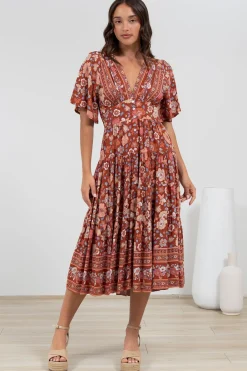 Sammy Midi Dress - V-Neck Buttoned Down with Bell Sleeves in Anissa Print Rust><noscript><img width=